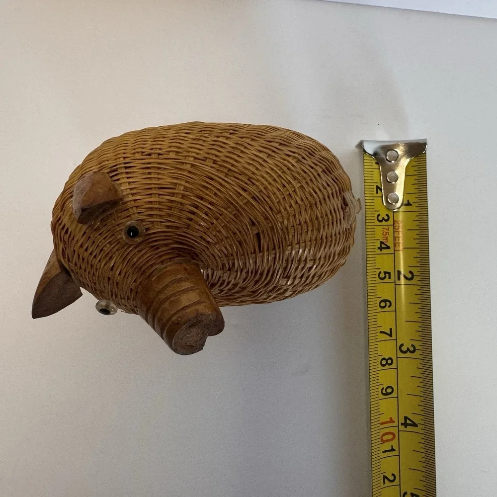 Vintage Wicker Pig Basket Novelty - Small Cute Storage Trinket Box Brown